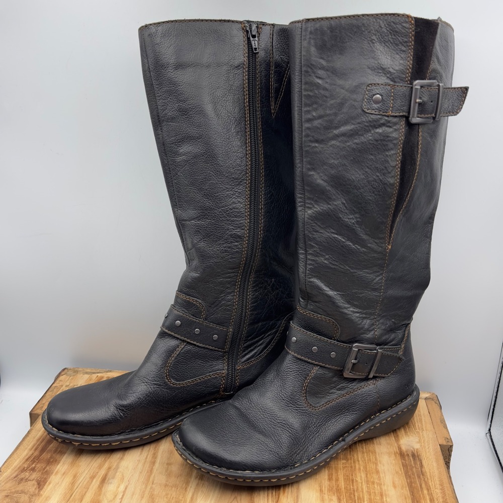 B.O.C. BORN Women Tall Knee High Boots Black Leather Riding Style Zip Buckle 7